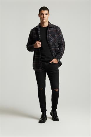 Siyah Kiremit Çizgili Oversize Oduncu Erkek Gömlek