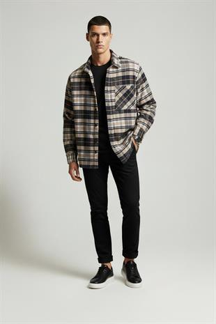 Sütlü Kahve Lacivert Geçişli Oversize Oduncu Erkek Gömlek