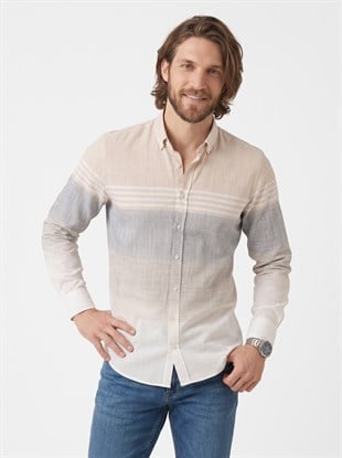 Panolu Bej Gri Çizgili Keten Slimfit Erkek Gömlek