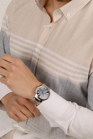Panolu Bej Gri Çizgili Keten Slimfit Erkek Gömlek