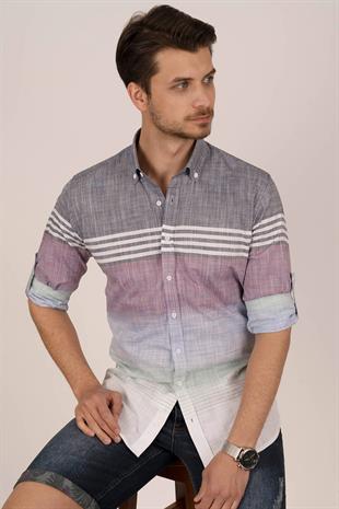 Panolu Gri Vişne Çizgili Keten Slimfit Erkek Gömlek