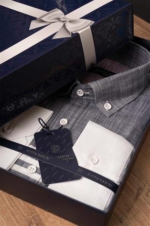 Panolu Gri Vişne Çizgili Keten Slimfit Erkek Gömlek