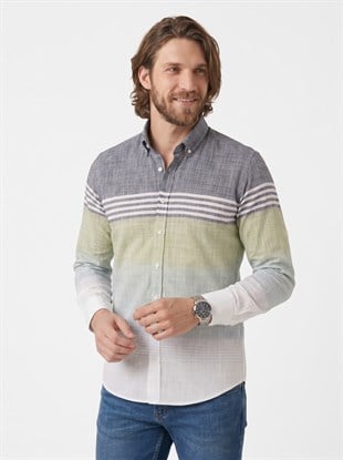 Panolu Gri Yeşil Çizgili Keten Slimfit Erkek Gömlek