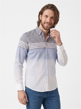 Panolu Gri Mavi Çizgili Keten Slimfit Erkek Gömlek