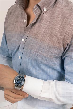 Panolu Kahve Mavi Geçişli Keten Slimfit Erkek Gömlek