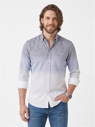 Panolu Mavi Gri Geçişli Keten Slimfit Erkek Gömlek