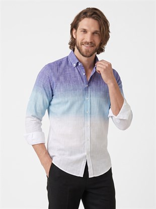 Panolu Mint Mavi Geçişli Keten Slimfit Erkek Gömlek