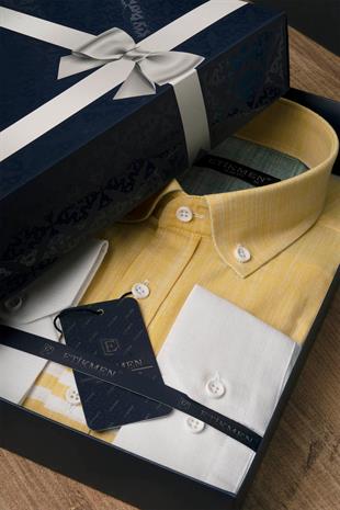 Panolu Sarı Yeşil Çizgili Keten Slimfit Erkek Gömlek