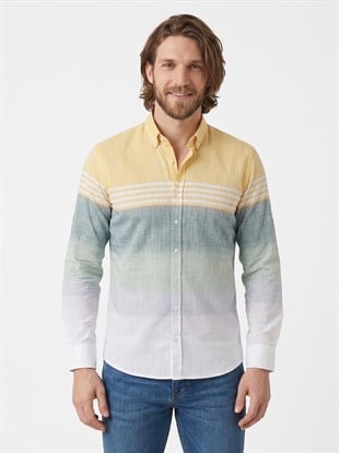 Panolu Sarı Yeşil Çizgili Keten Slimfit Erkek Gömlek