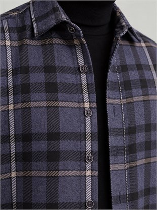 Mavi Turuncu Çizgili Slimfit Oduncu Erkek Gömlek