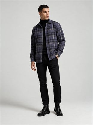 Mavi Turuncu Çizgili Slimfit Oduncu Erkek Gömlek