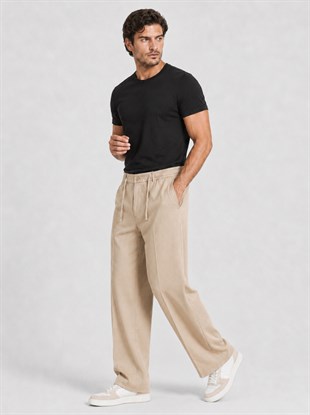  Bej Relax Fit Bağcıklı Baggy Pantolon