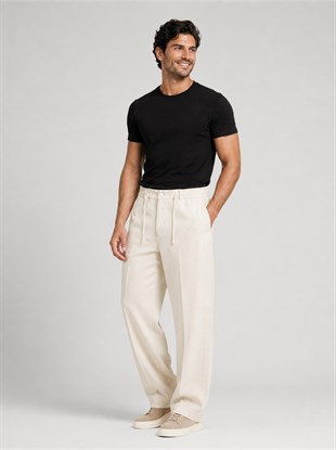  Ekru Relax Fit İpli Baggy Pantolon
