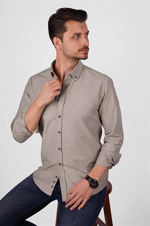 Açık Kahve Yaka Düğmeli Premium Şamre Slimfit Erkek Gömlek