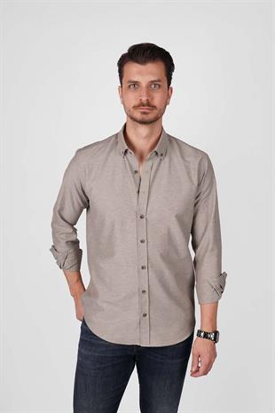 Açık Kahve Yaka Düğmeli Premium Şamre Slimfit Erkek Gömlek