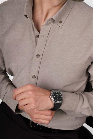 Açık Kahve Yaka Düğmeli Premium Şamre Slimfit Erkek Gömlek