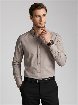 Açık Kahve Yaka Düğmeli Premium Şamre Slimfit Erkek Gömlek
