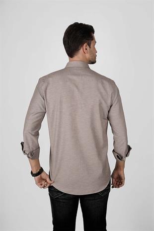 Açık Kahve Yaka Düğmeli Premium Şamre Slimfit Erkek Gömlek