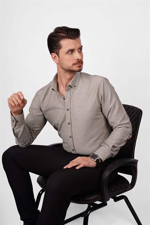Açık Kahve Yaka Düğmeli Premium Şamre Slimfit Erkek Gömlek