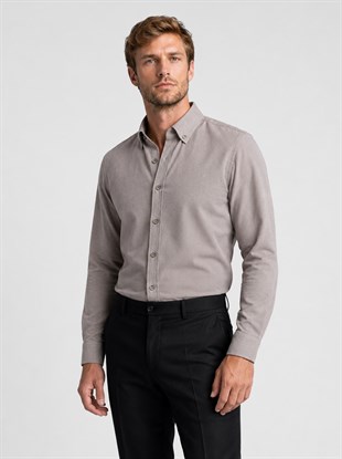 Açık Kahve Yaka Düğmeli Premium Şamre Slimfit Erkek Gömlek