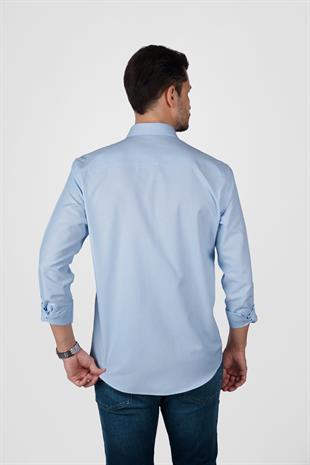 Açık Mavi Yaka Düğmeli Premium Şamre Slimfit Erkek Gömlek