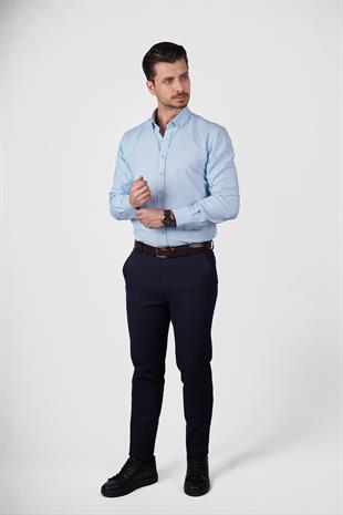Açık Mavi Yaka Düğmeli Premium Şamre Slimfit Erkek Gömlek