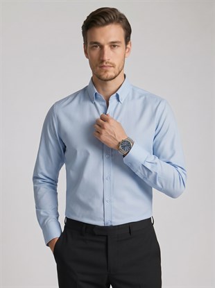 Açık Mavi Yaka Düğmeli Premium Şamre Slimfit Erkek Gömlek