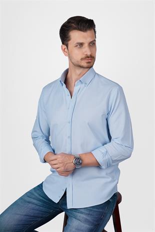 Açık Mavi Yaka Düğmeli Premium Şamre Slimfit Erkek Gömlek