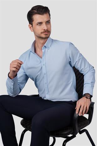Açık Mavi Yaka Düğmeli Premium Şamre Slimfit Erkek Gömlek