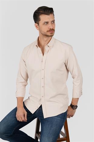 Bej Yaka Düğmeli Premium Şamre Slimfit Erkek Gömlek