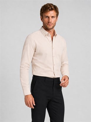Bej Yaka Düğmeli Premium Şamre Slimfit Erkek Gömlek
