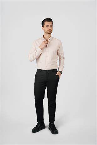 Bej Yaka Düğmeli Premium Şamre Slimfit Erkek Gömlek