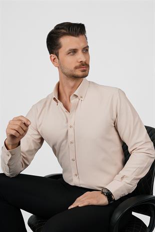 Bej Yaka Düğmeli Premium Şamre Slimfit Erkek Gömlek