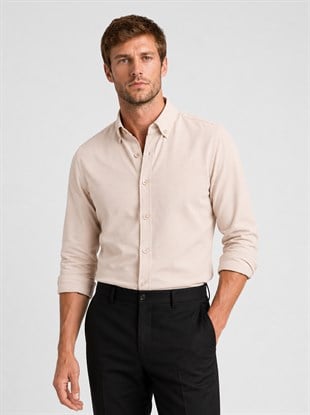 Bej Yaka Düğmeli Premium Şamre Slimfit Erkek Gömlek