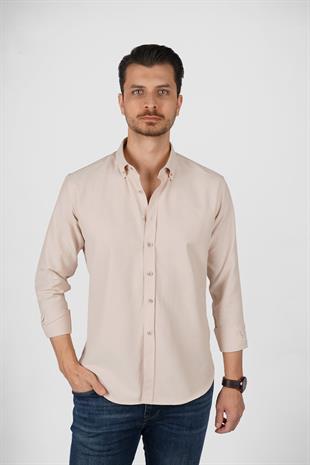 Bej Yaka Düğmeli Premium Şamre Slimfit Erkek Gömlek