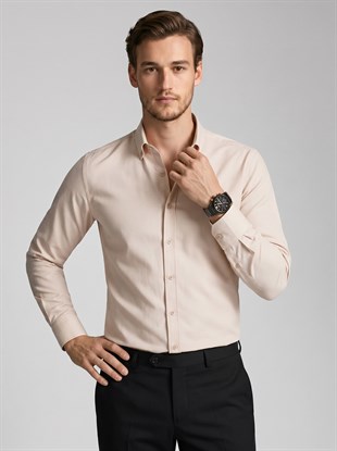 Bej Yaka Düğmeli Premium Şamre Slimfit Erkek Gömlek