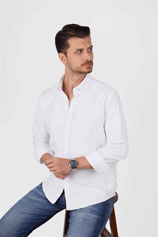 Beyaz Yaka Düğmeli Premium Şamre Slimfit Erkek Gömlek