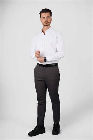 Beyaz Yaka Düğmeli Premium Şamre Slimfit Erkek Gömlek