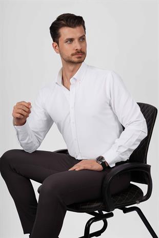 Beyaz Yaka Düğmeli Premium Şamre Slimfit Erkek Gömlek