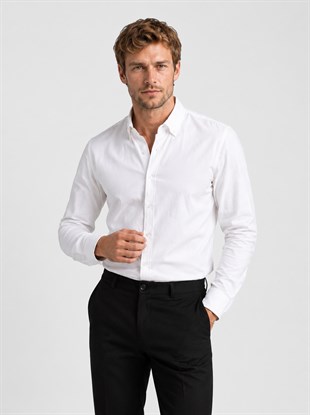 Beyaz Yaka Düğmeli Premium Şamre Slimfit Erkek Gömlek