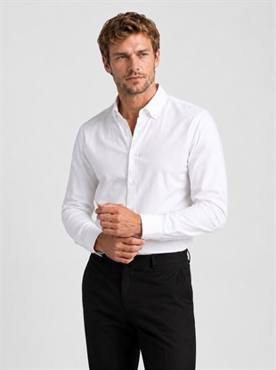 Beyaz Yaka Düğmeli Premium Şamre Slimfit Erkek Gömlek