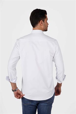 Beyaz Yaka Düğmeli Premium Şamre Slimfit Erkek Gömlek
