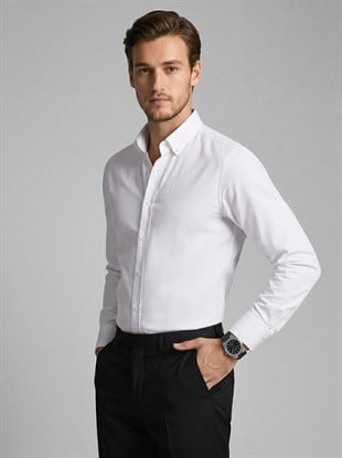 Beyaz Yaka Düğmeli Premium Şamre Slimfit Erkek Gömlek