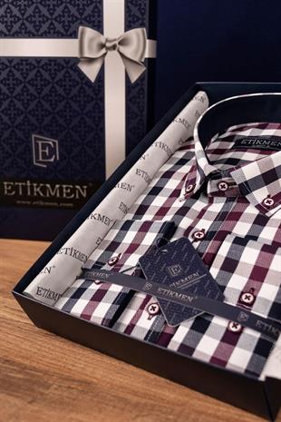 Bordo Lacivert Kareli Slimfit Erkek Gömlek