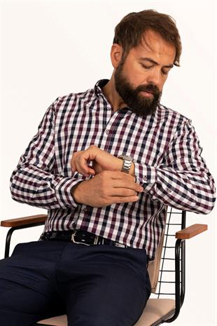 Bordo Lacivert Kareli Slimfit Erkek Gömlek