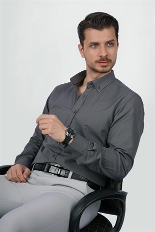Füme Yaka Düğmeli Premium Şamre Slimfit Erkek Gömlek
