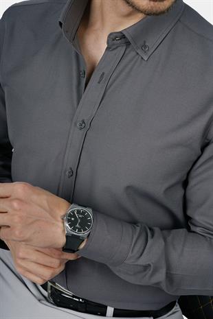 Füme Yaka Düğmeli Premium Şamre Slimfit Erkek Gömlek