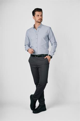 Gri Yaka Düğmeli Premium Şamre Slimfit Erkek Gömlek
