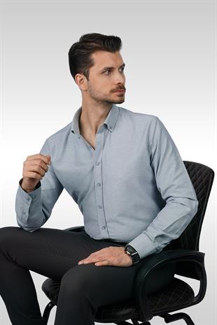 Gri Yaka Düğmeli Premium Şamre Slimfit Erkek Gömlek