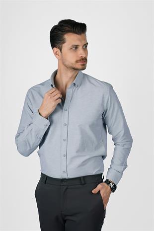 Gri Yaka Düğmeli Premium Şamre Slimfit Erkek Gömlek